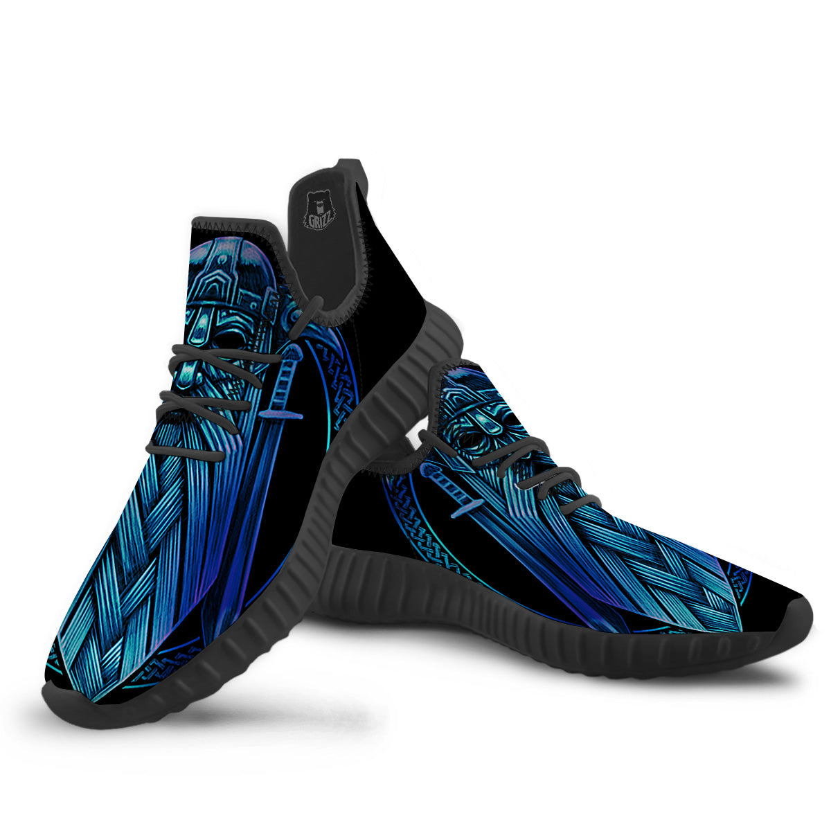 Viking Norse God Odin Blue Print Black Walking Shoes-grizzshop
