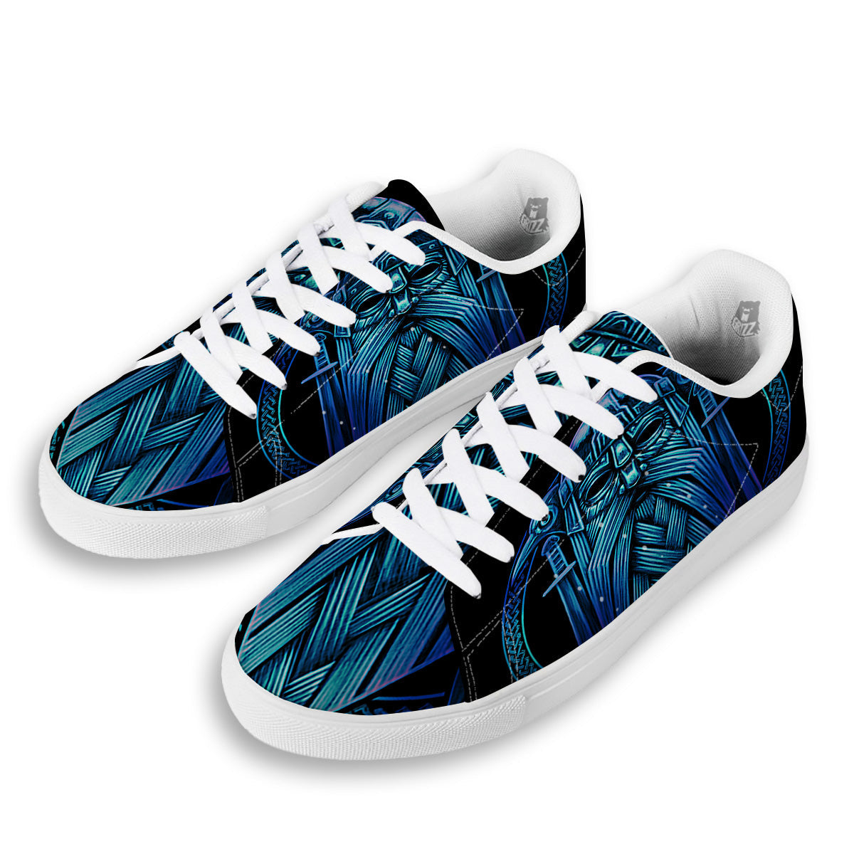 Viking Norse God Odin Blue Print White Low Top Sneakers-grizzshop