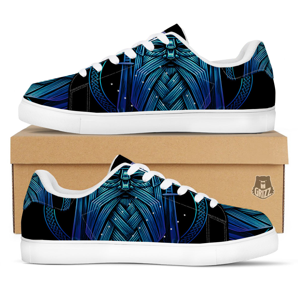 Viking Norse God Odin Blue Print White Low Top Sneakers-grizzshop