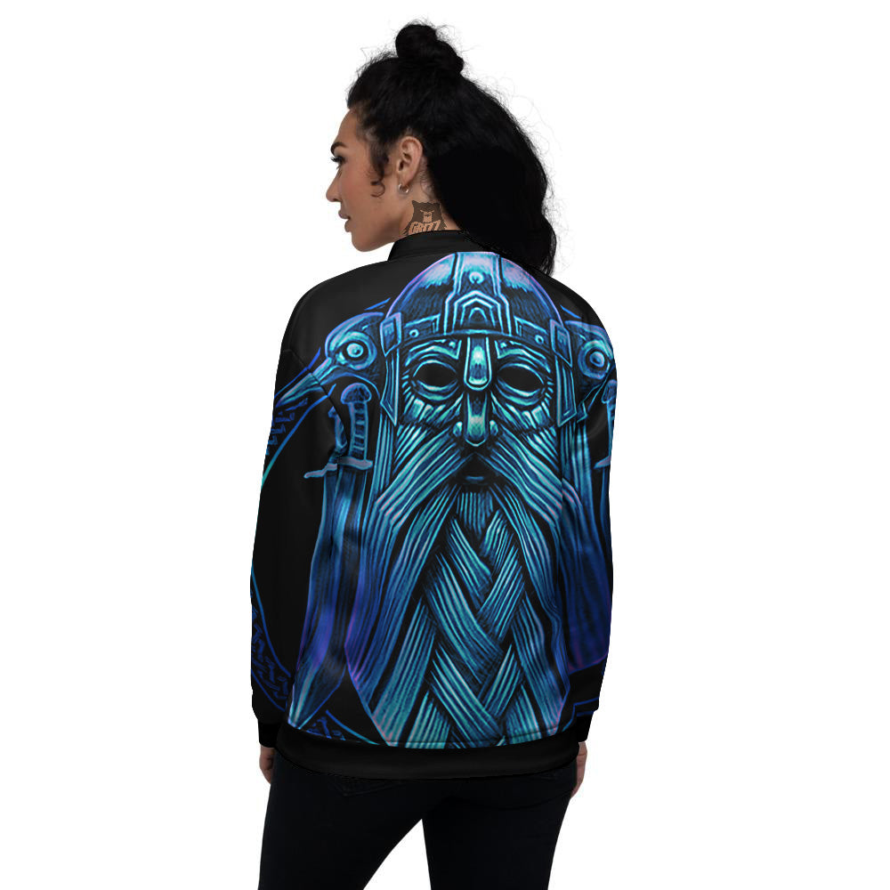 Viking Norse God Odin Blue Print Women's Bomber Jacket-grizzshop