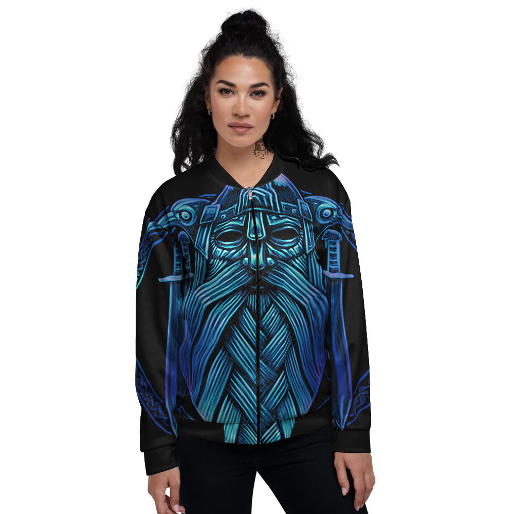 Viking Norse God Odin Blue Print Women's Bomber Jacket-grizzshop