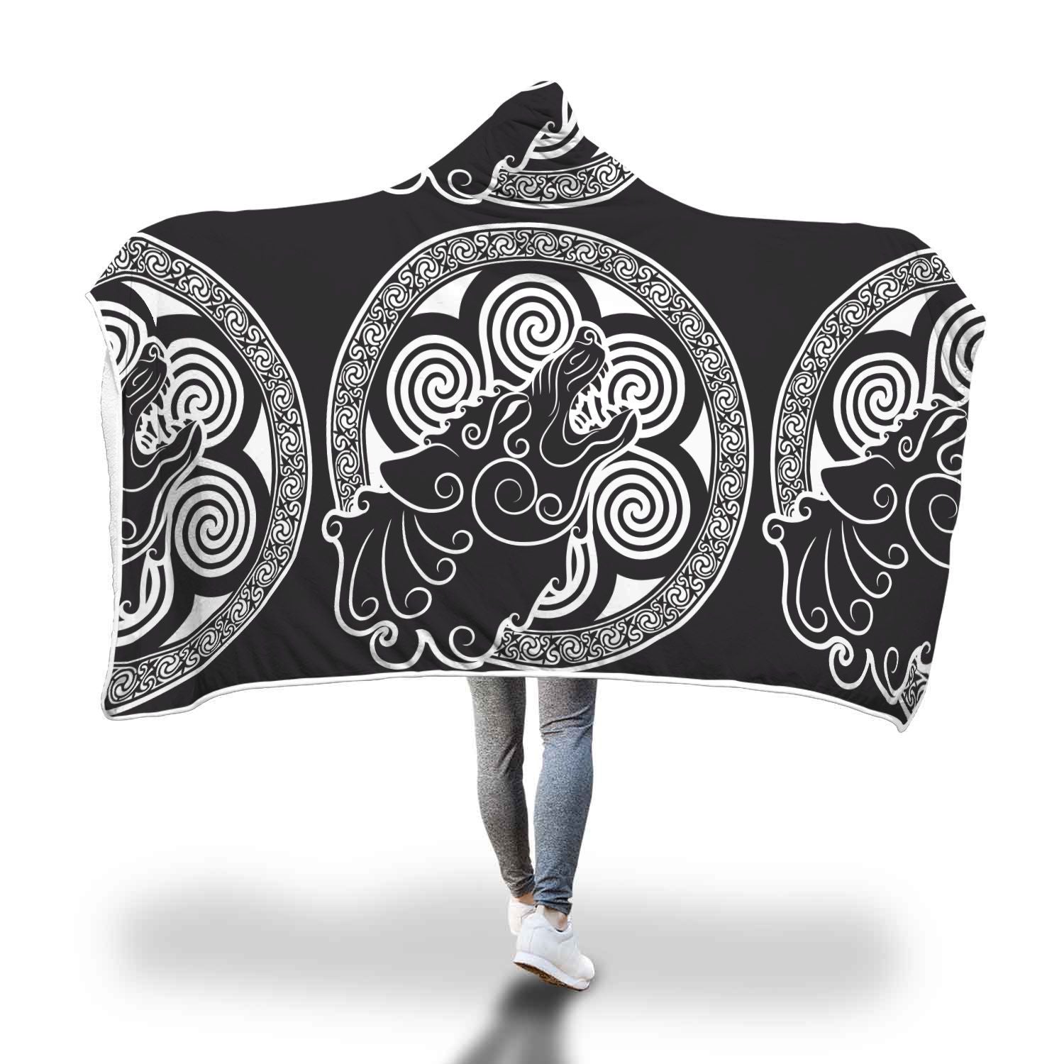 Viking Odin Fenrir Wolf Print Hooded Blanket-grizzshop