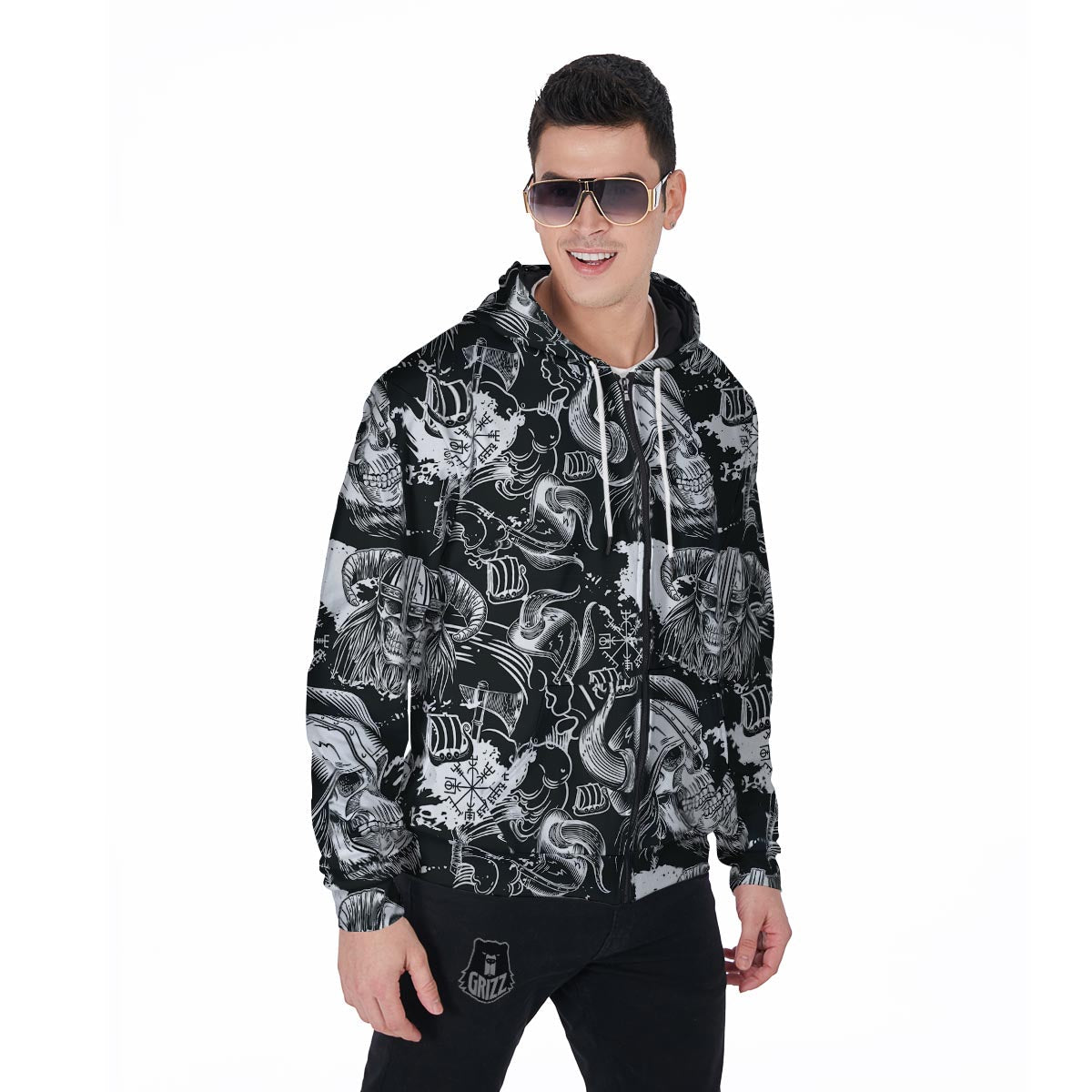 Viking Skull Men's Zip Up Hoodie-grizzshop