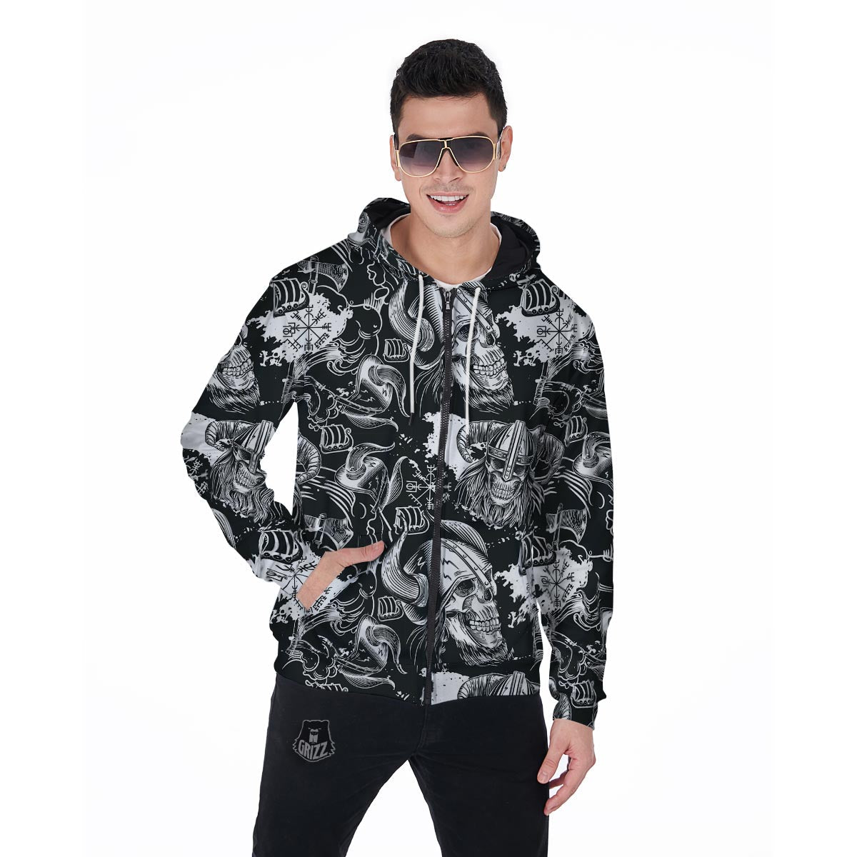 Viking Skull Men's Zip Up Hoodie-grizzshop