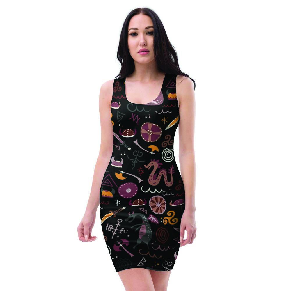 Viking Valhalla Cartoon Bodycon Dress-grizzshop