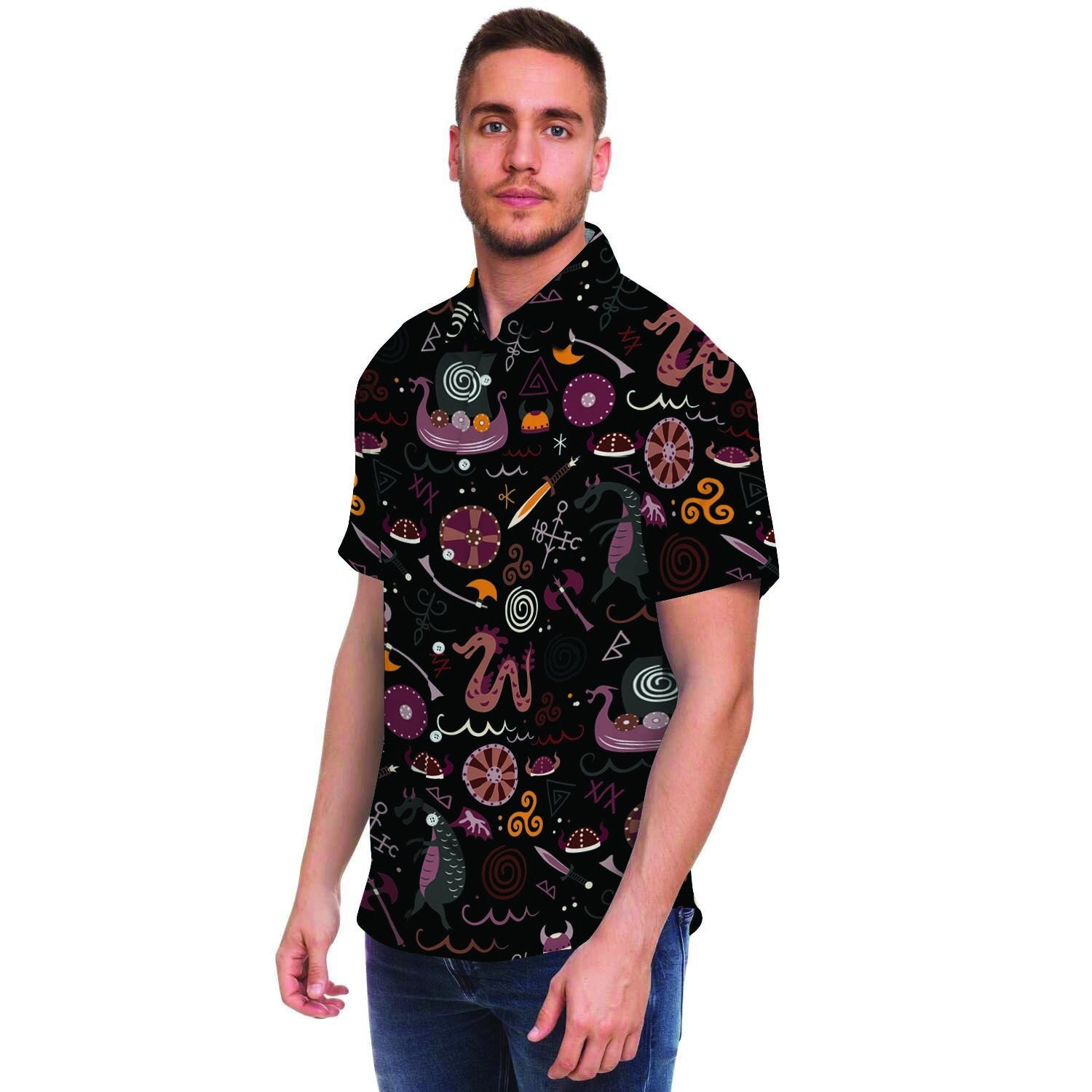 Viking Valhalla Cartoon Men's Short Sleeve Shirt-grizzshop