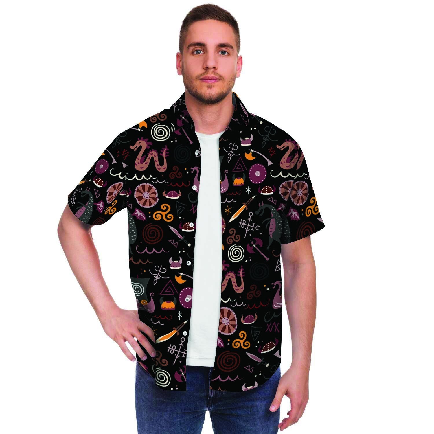 Viking Valhalla Cartoon Men's Short Sleeve Shirt-grizzshop