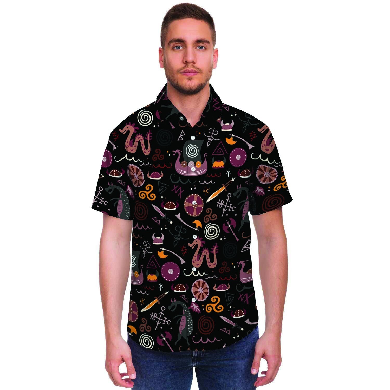 Viking Valhalla Cartoon Men's Short Sleeve Shirt-grizzshop
