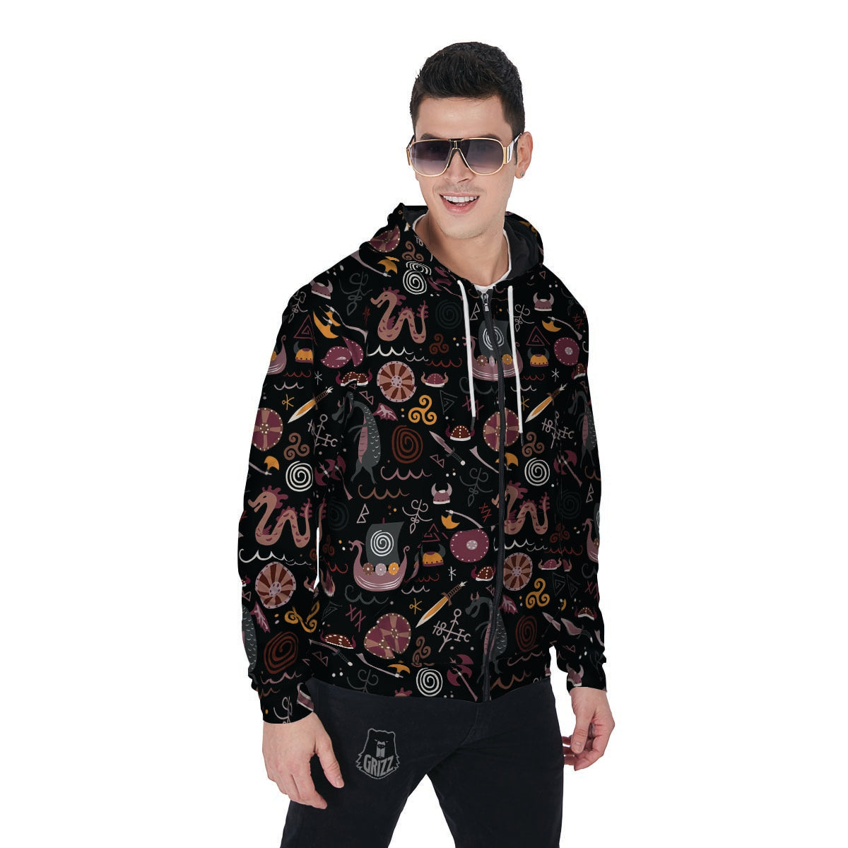 Viking Valhalla Cartoon Men's Zip Up Hoodie-grizzshop