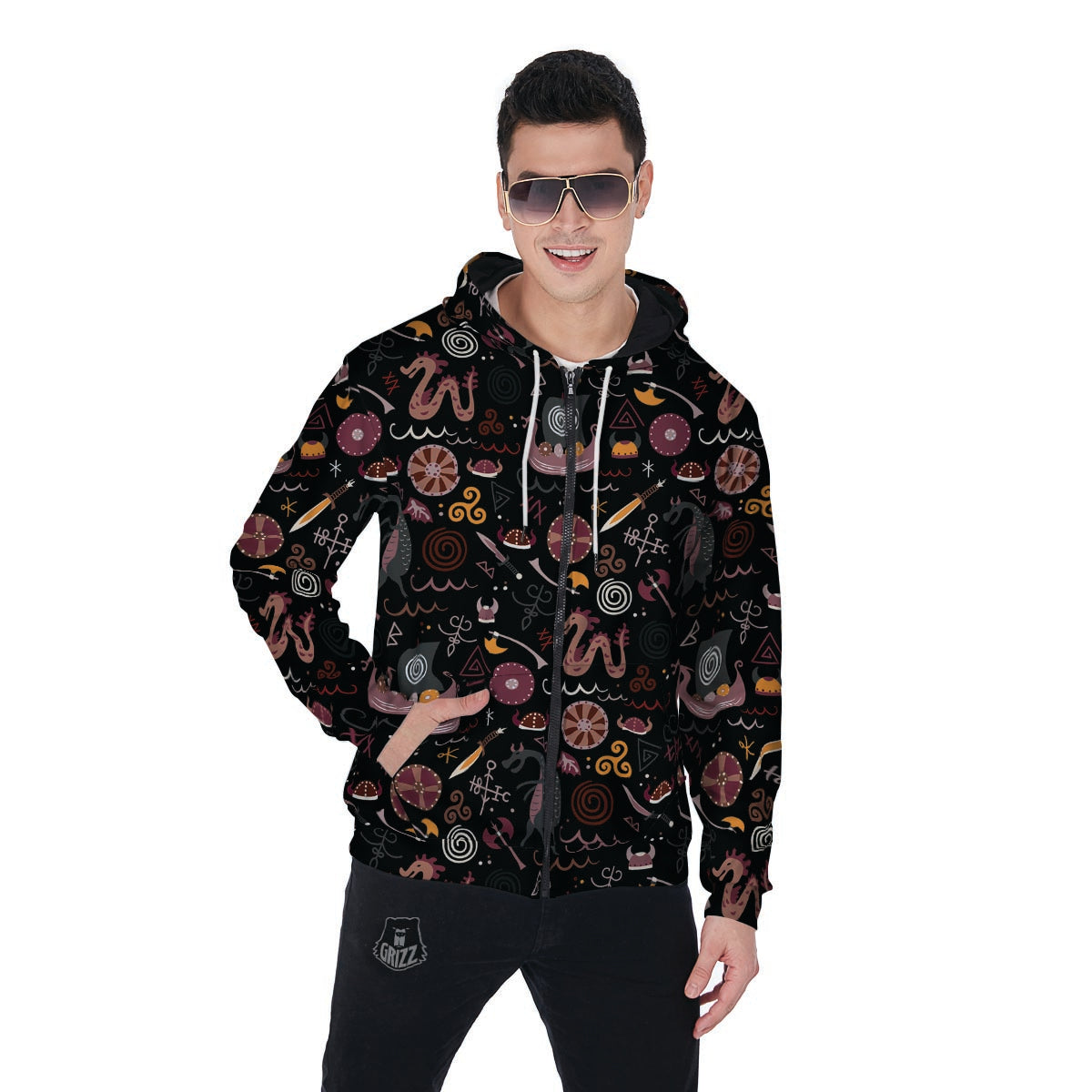 Viking Valhalla Cartoon Men's Zip Up Hoodie-grizzshop