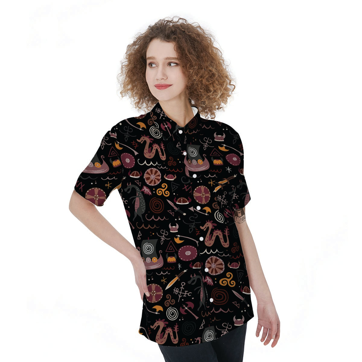 Viking Valhalla Cartoon Women's Short Sleeve Shirts-grizzshop