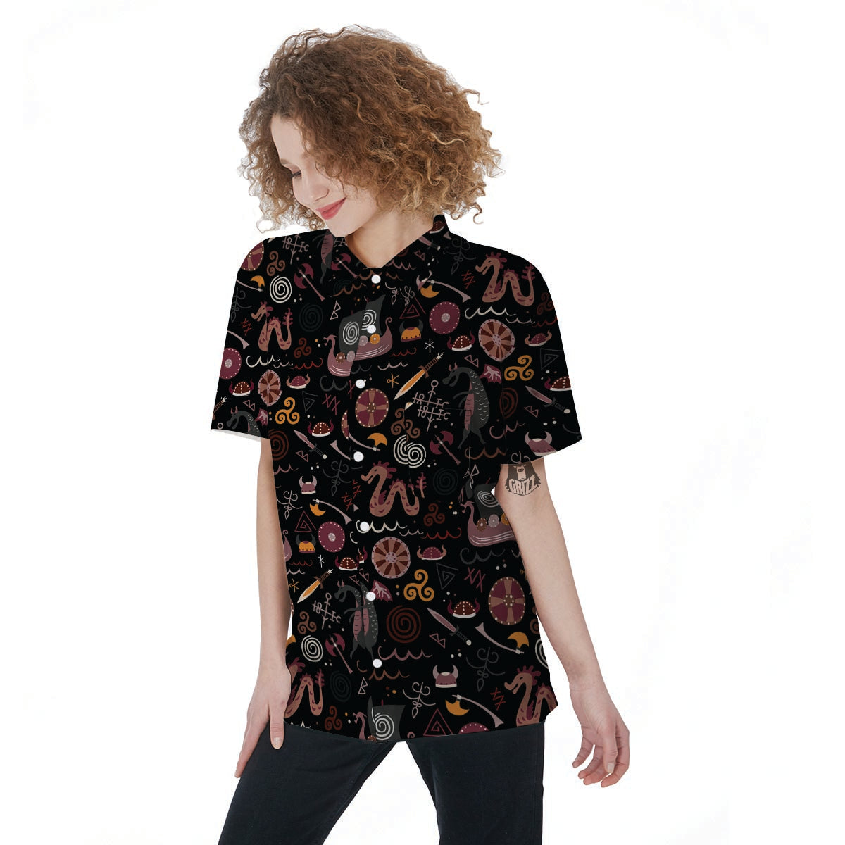 Viking Valhalla Cartoon Women's Short Sleeve Shirts-grizzshop
