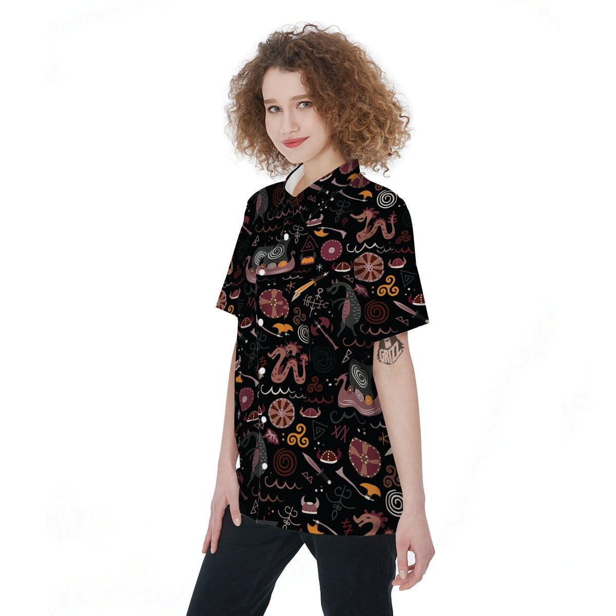 Viking Valhalla Cartoon Women's Short Sleeve Shirts-grizzshop