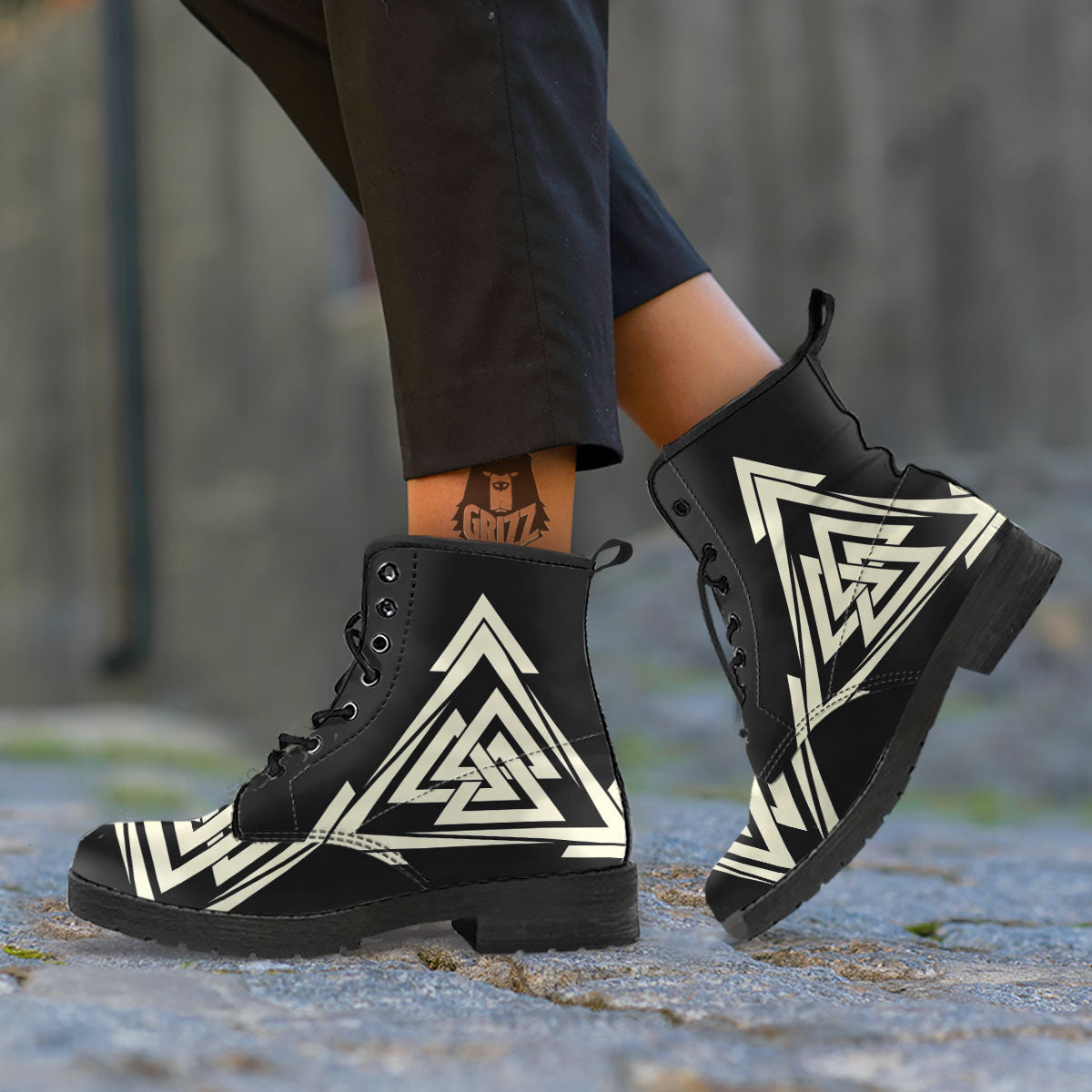 Viking Valknut Scandinavian Symbol Print Leather Boots-grizzshop