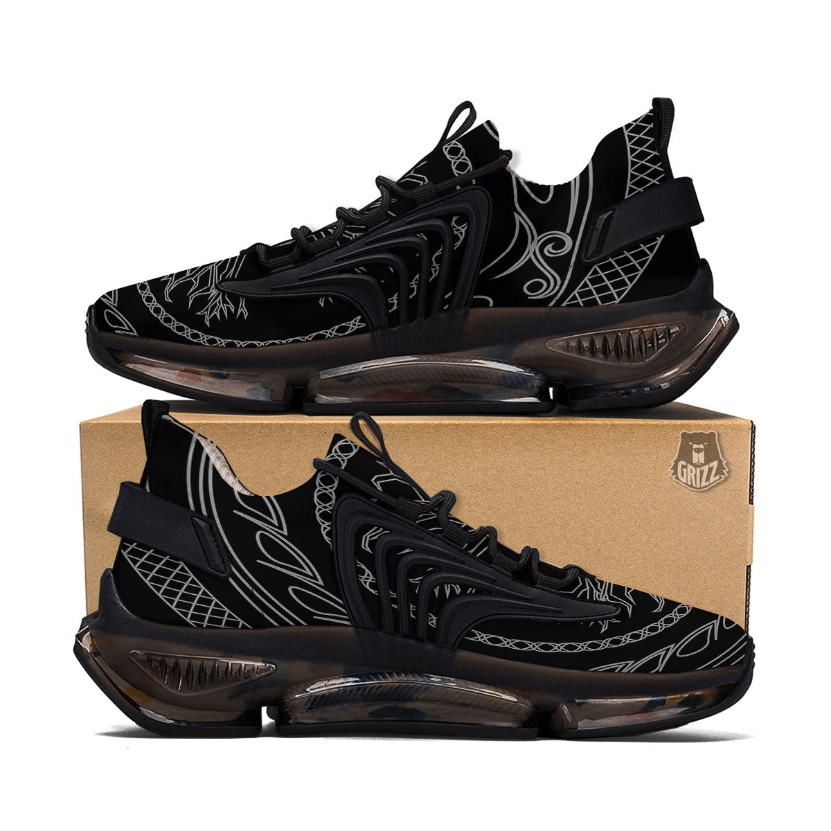 Viking Yggdrasil White And Black Print Black Gym Shoes-grizzshop
