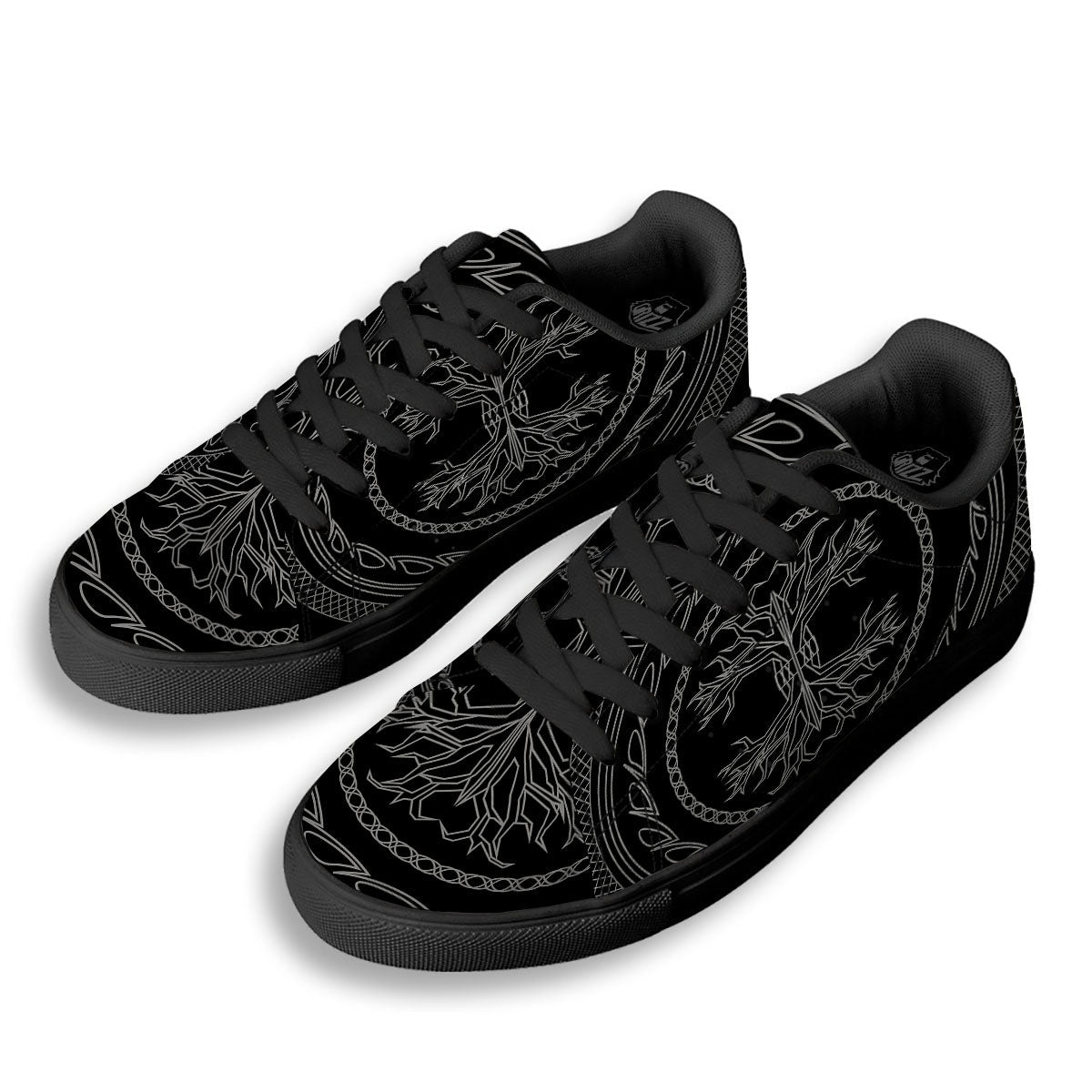 Viking Yggdrasil White And Black Print Black Low Top Sneakers-grizzshop