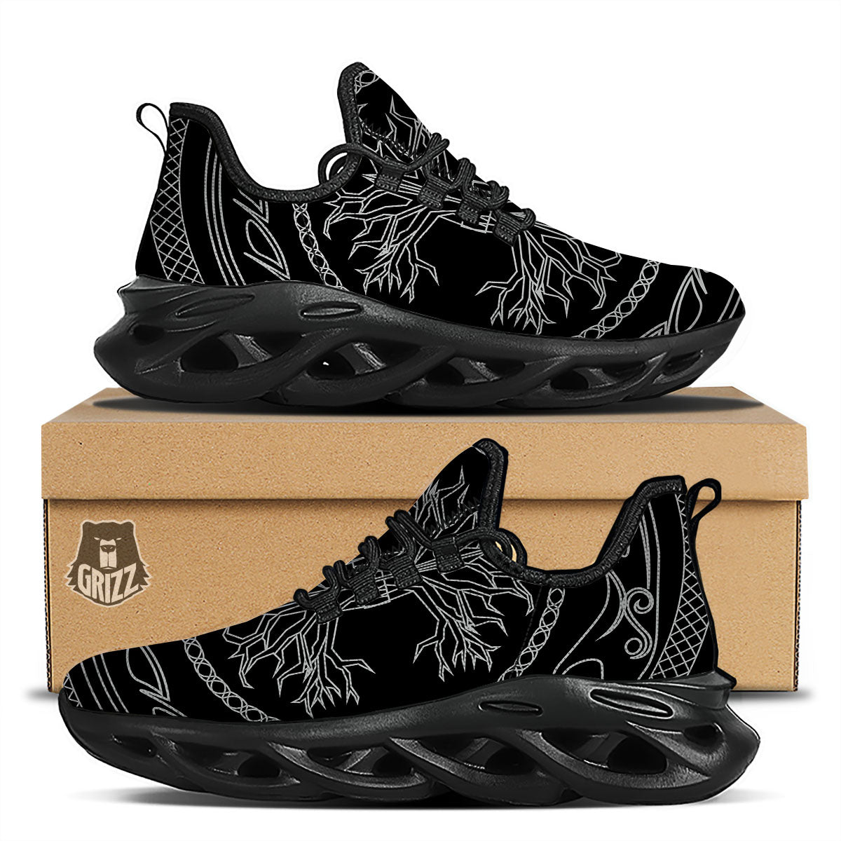 Viking Yggdrasil White And Black Print Black Running Shoes-grizzshop