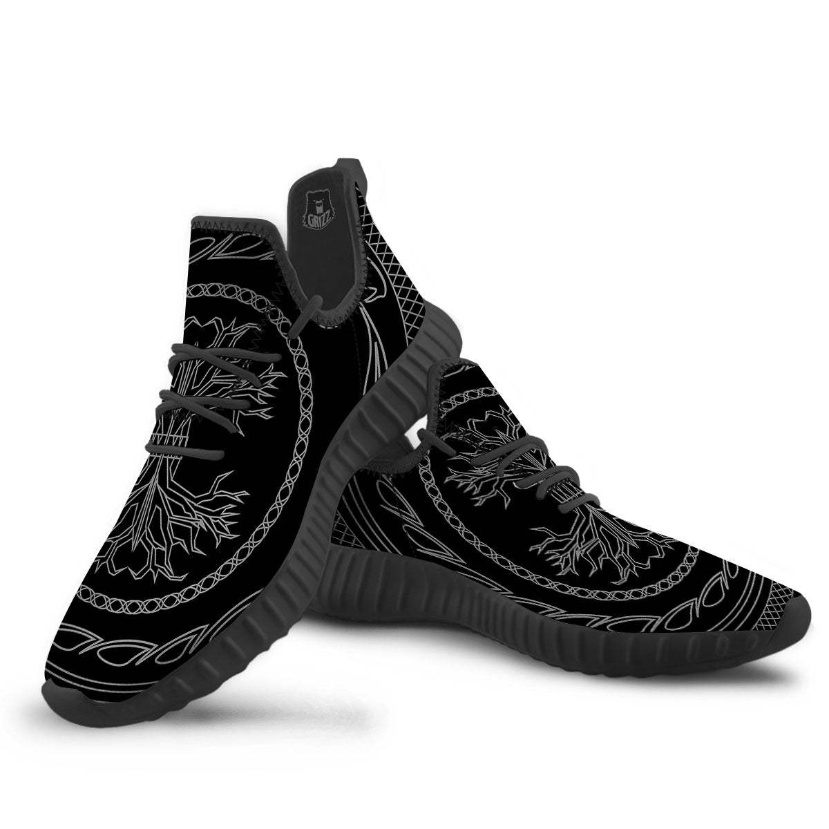Viking Yggdrasil White And Black Print Black Walking Shoes-grizzshop