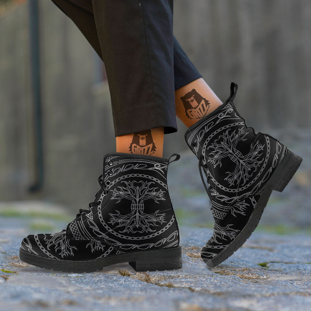 Viking Yggdrasil White And Black Print Leather Boots-grizzshop