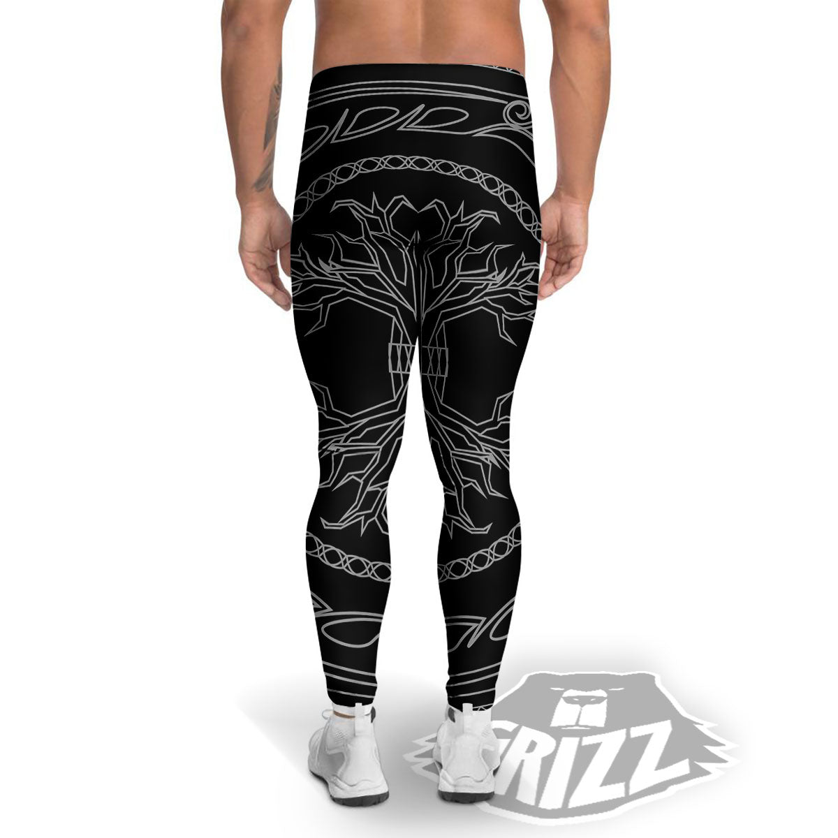 Viking Yggdrasil White And Black Print Men's Leggings-grizzshop