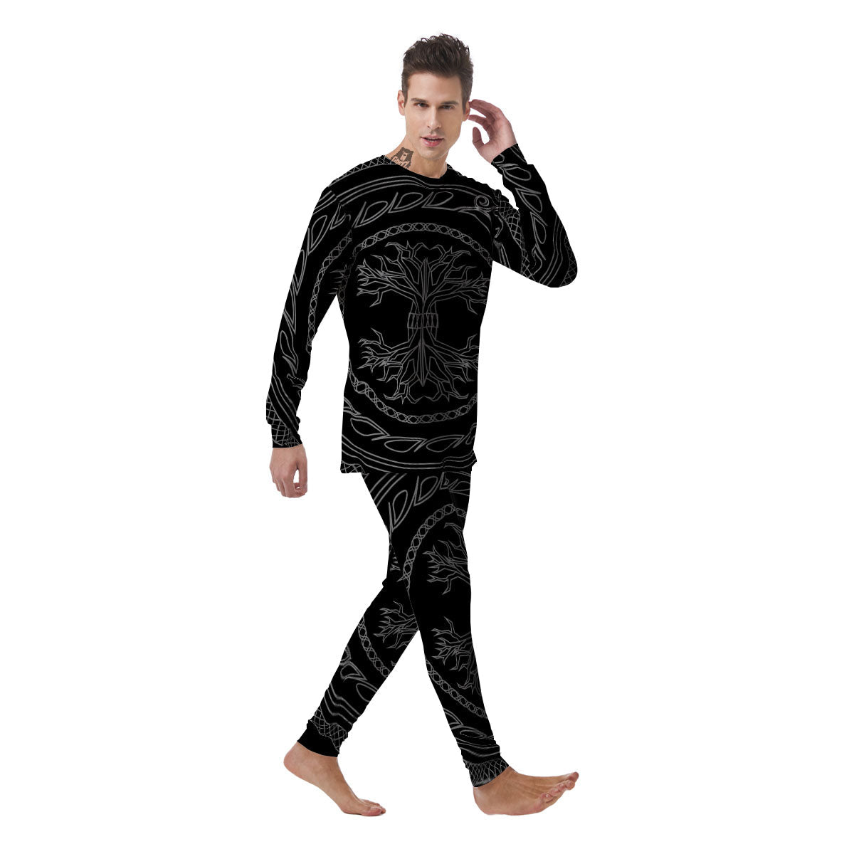 Viking Yggdrasil White And Black Print Men's Pajamas-grizzshop