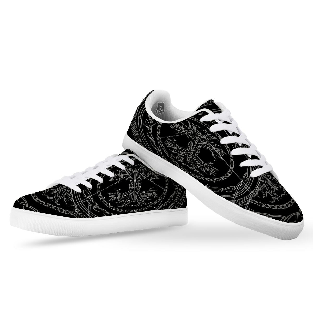 Viking Yggdrasil White And Black Print White Low Top Sneakers-grizzshop