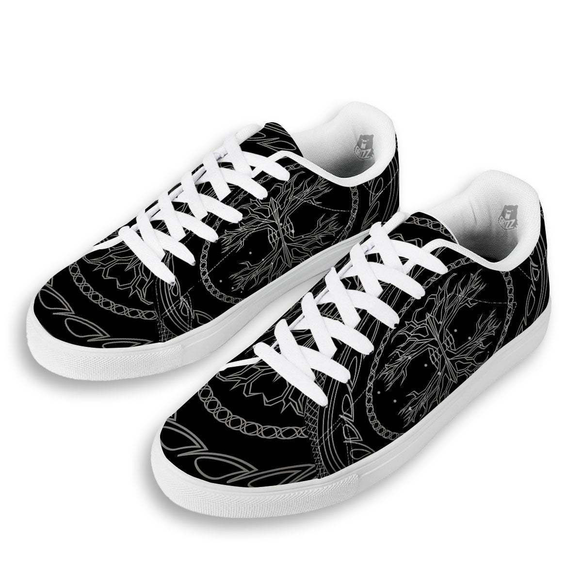 Viking Yggdrasil White And Black Print White Low Top Sneakers-grizzshop