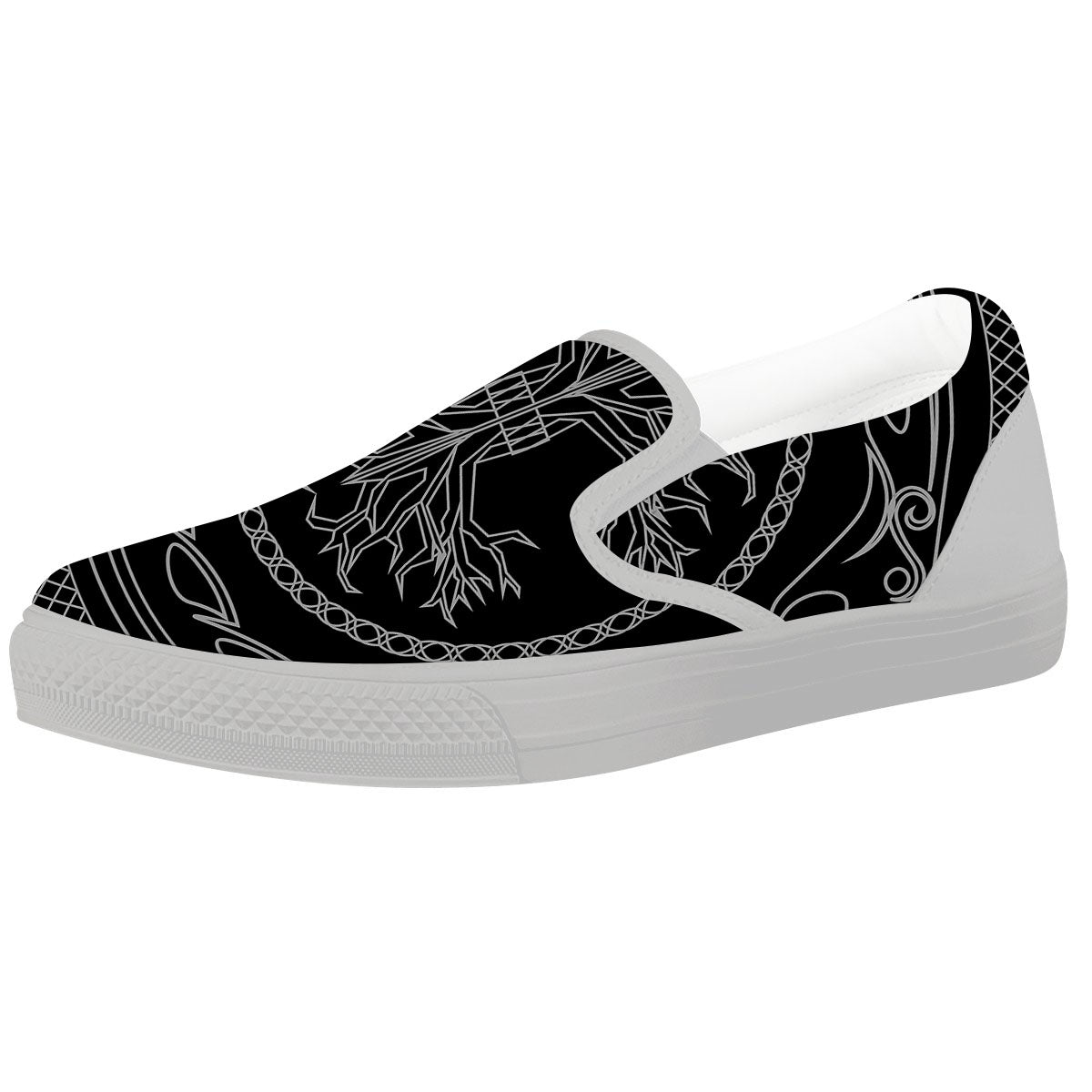 Viking Yggdrasil White And Black Print White Slip On Shoes-grizzshop