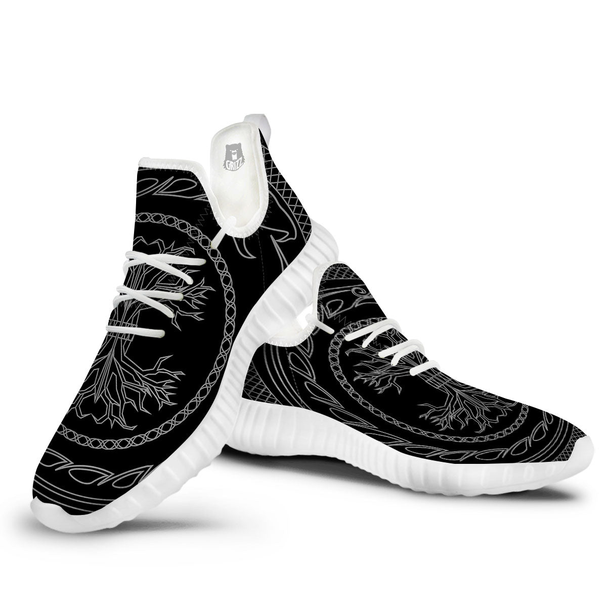 Viking Yggdrasil White And Black Print White Walking Shoes-grizzshop