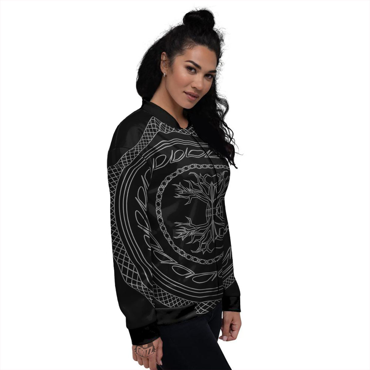 Viking Yggdrasil White And Black Print Women's Bomber Jacket-grizzshop