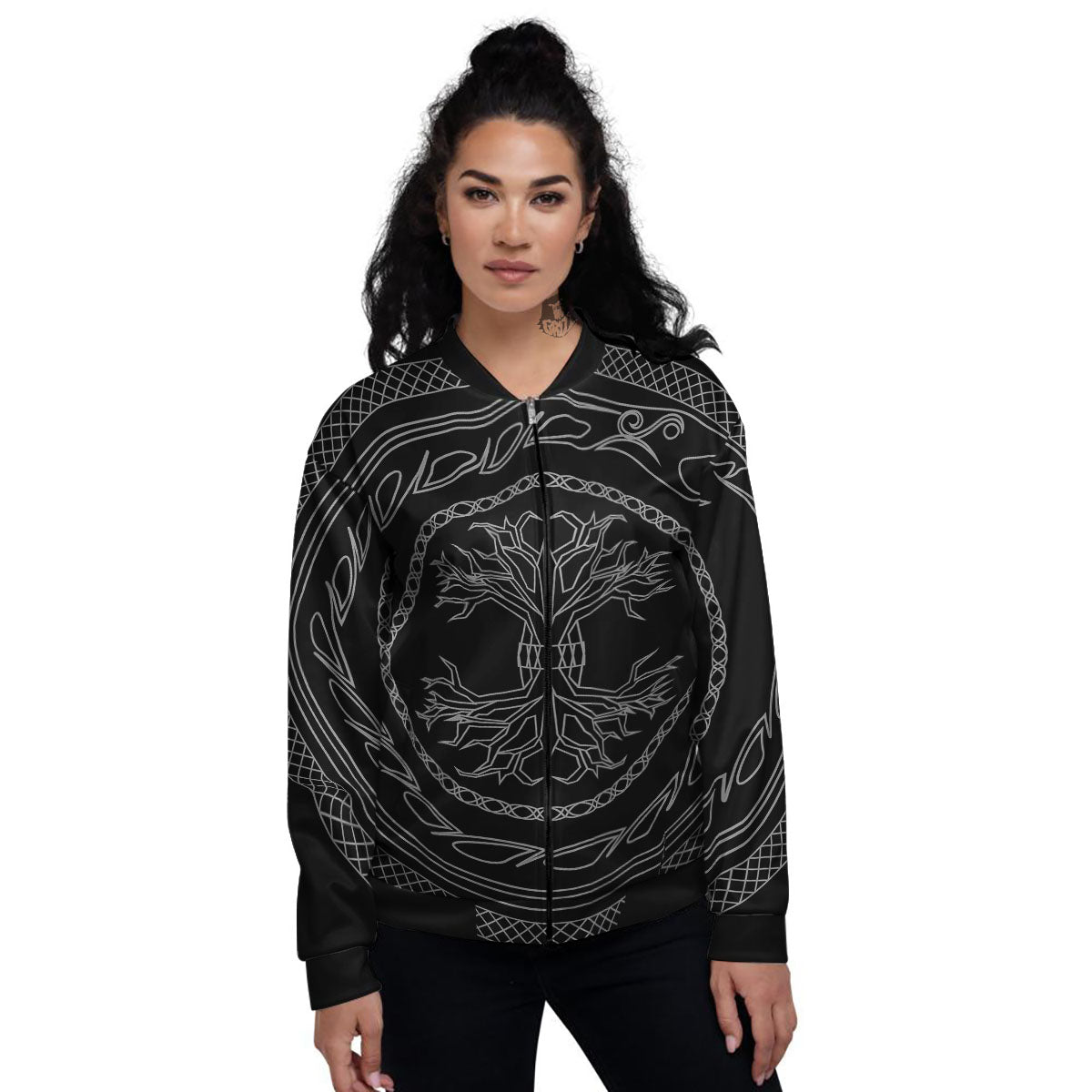 Viking Yggdrasil White And Black Print Women's Bomber Jacket-grizzshop