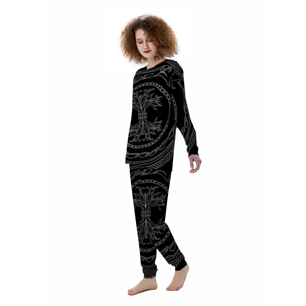 Viking Yggdrasil White And Black Print Women's Pajamas-grizzshop