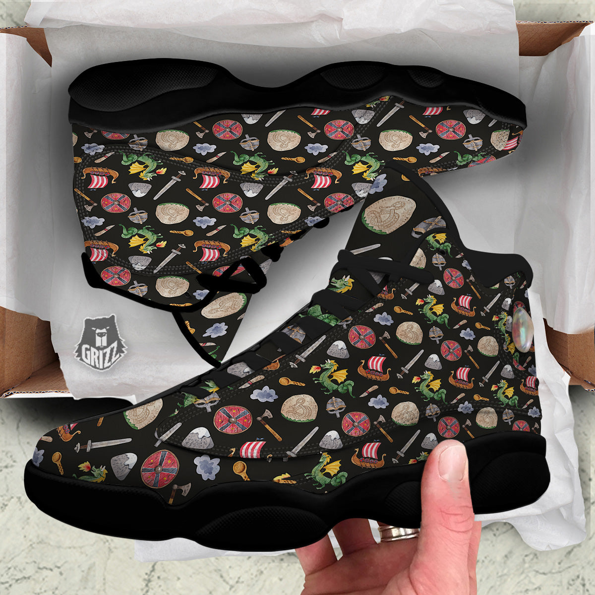 Vikings Watercolor Cartoon Style Print Pattern Black Basketball Shoes-grizzshop