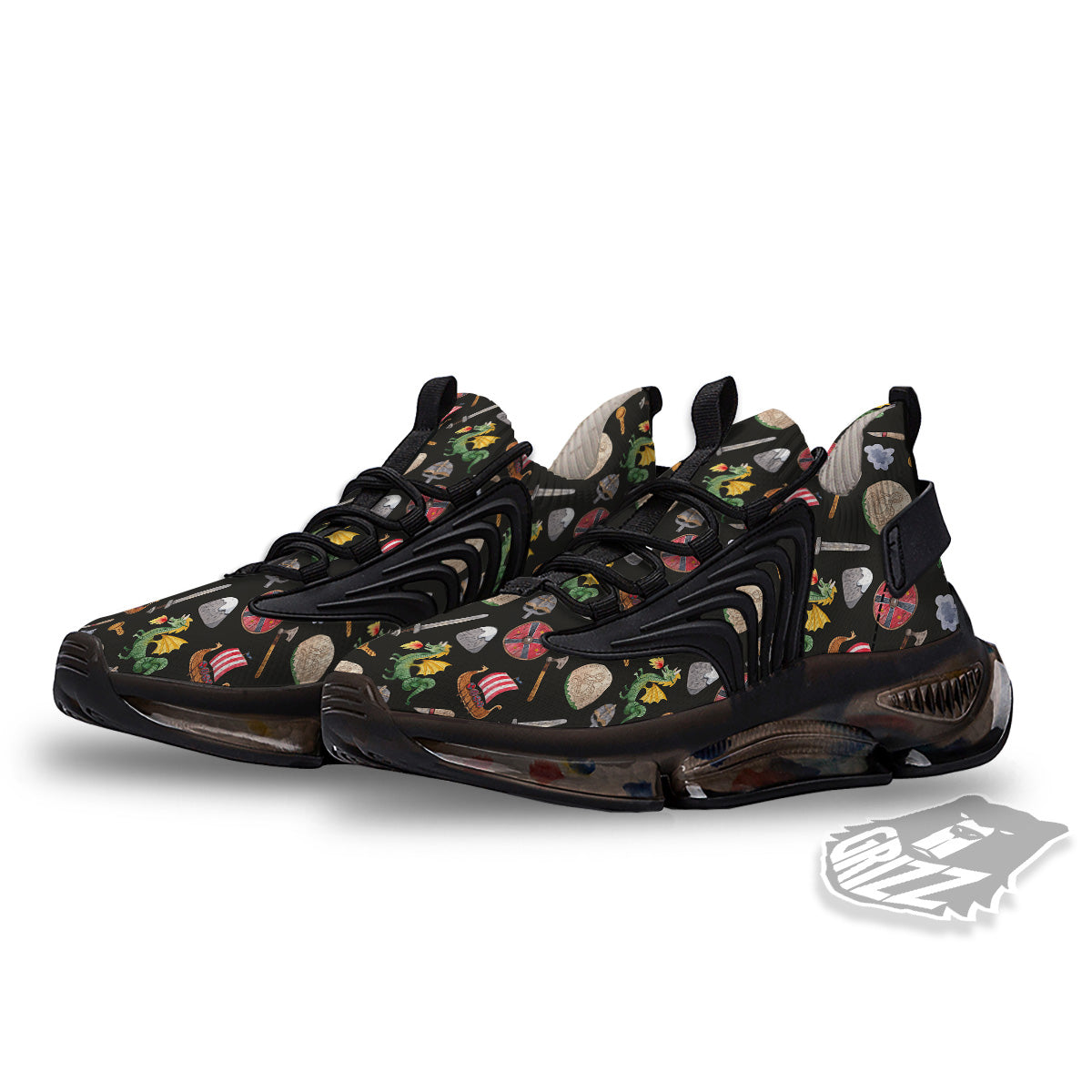 Vikings Watercolor Cartoon Style Print Pattern Black Gym Shoes-grizzshop