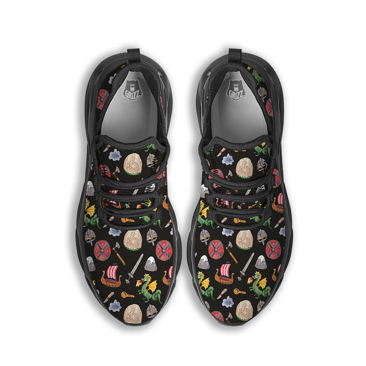 Vikings Watercolor Cartoon Style Print Pattern Black Running Shoes-grizzshop