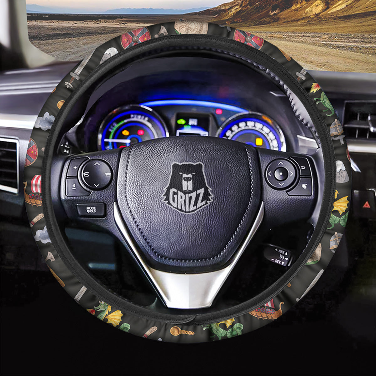Vikings Watercolor Cartoon Style Print Pattern Car Steering Wheel Cover-grizzshop