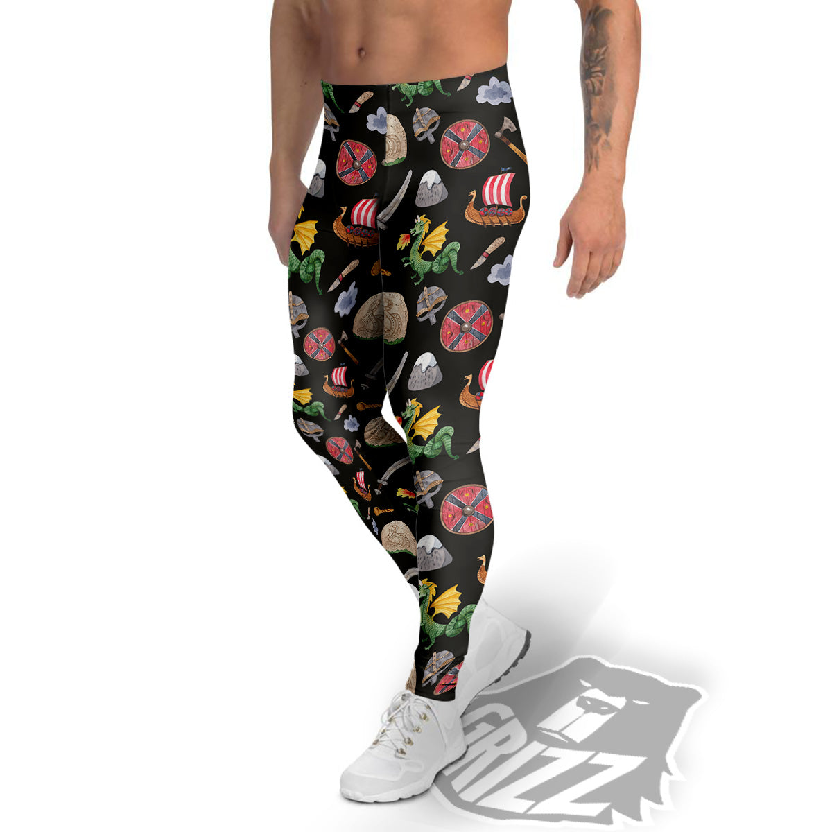 Vikings Watercolor Cartoon Style Print Pattern Men's Leggings-grizzshop