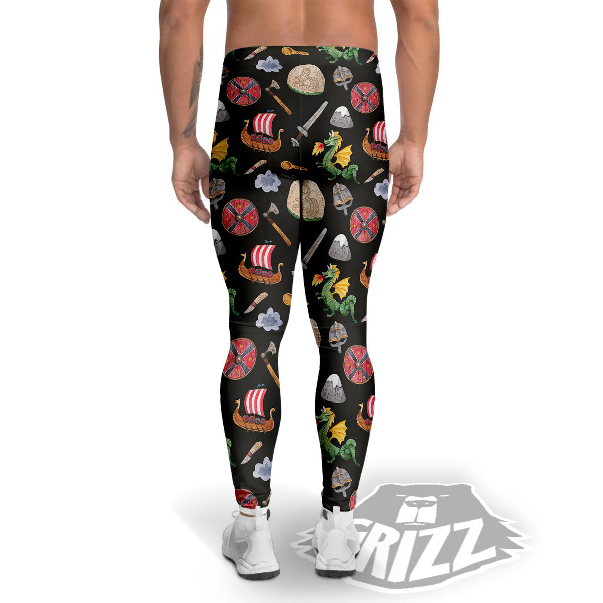 Vikings Watercolor Cartoon Style Print Pattern Men's Leggings-grizzshop