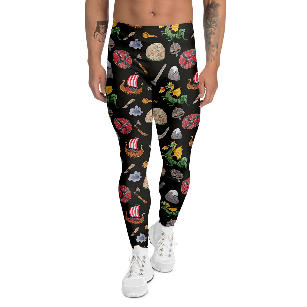 Vikings Watercolor Cartoon Style Print Pattern Men's Leggings-grizzshop