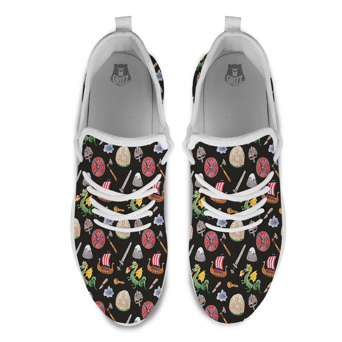 Vikings Watercolor Cartoon Style Print Pattern White Athletic Shoes-grizzshop