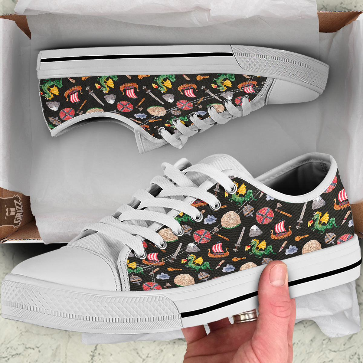 Vikings Watercolor Cartoon Style Print Pattern White Low Top Shoes-grizzshop