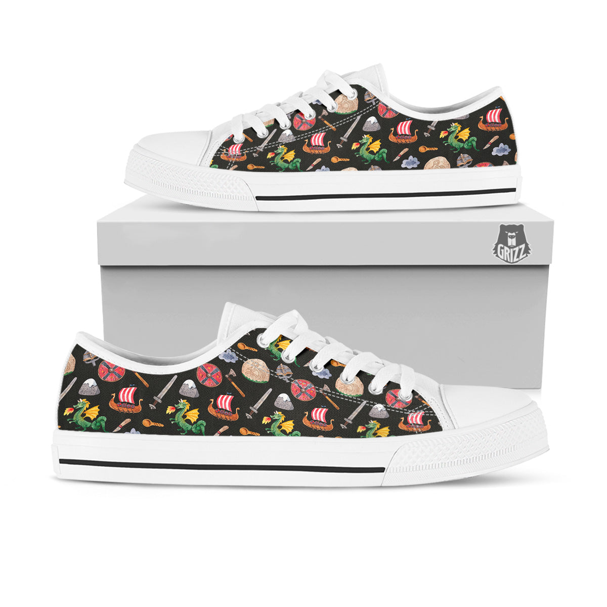 Vikings Watercolor Cartoon Style Print Pattern White Low Top Shoes-grizzshop