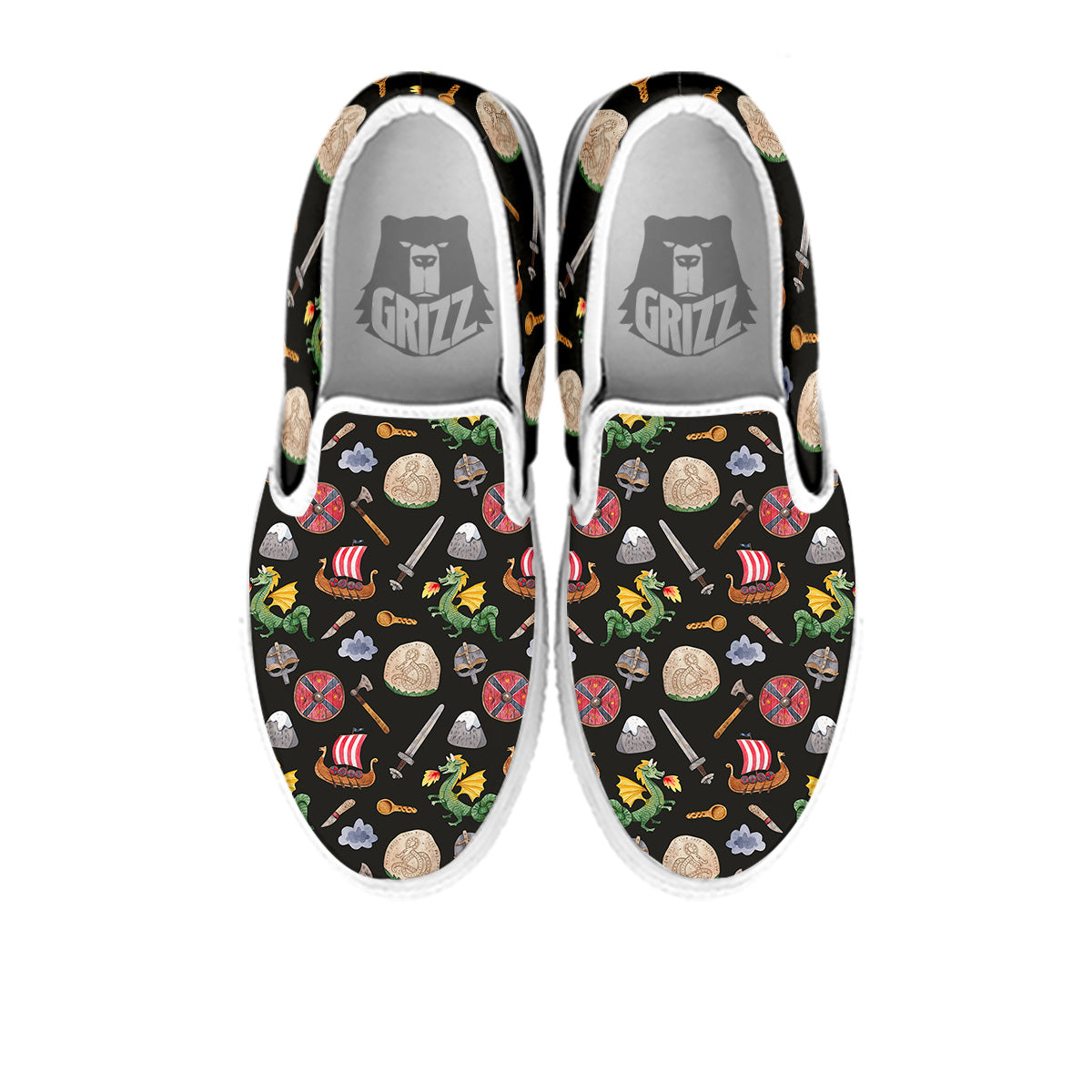 Vikings Watercolor Cartoon Style Print Pattern White Slip On Shoes-grizzshop
