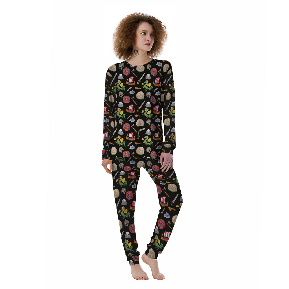 Vikings Watercolor Cartoon Style Print Pattern Women's Pajamas-grizzshop