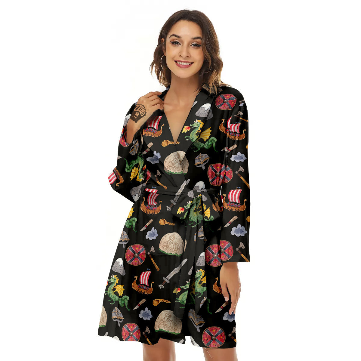 Vikings Watercolor Cartoon Style Print Pattern Women's Robe-grizzshop