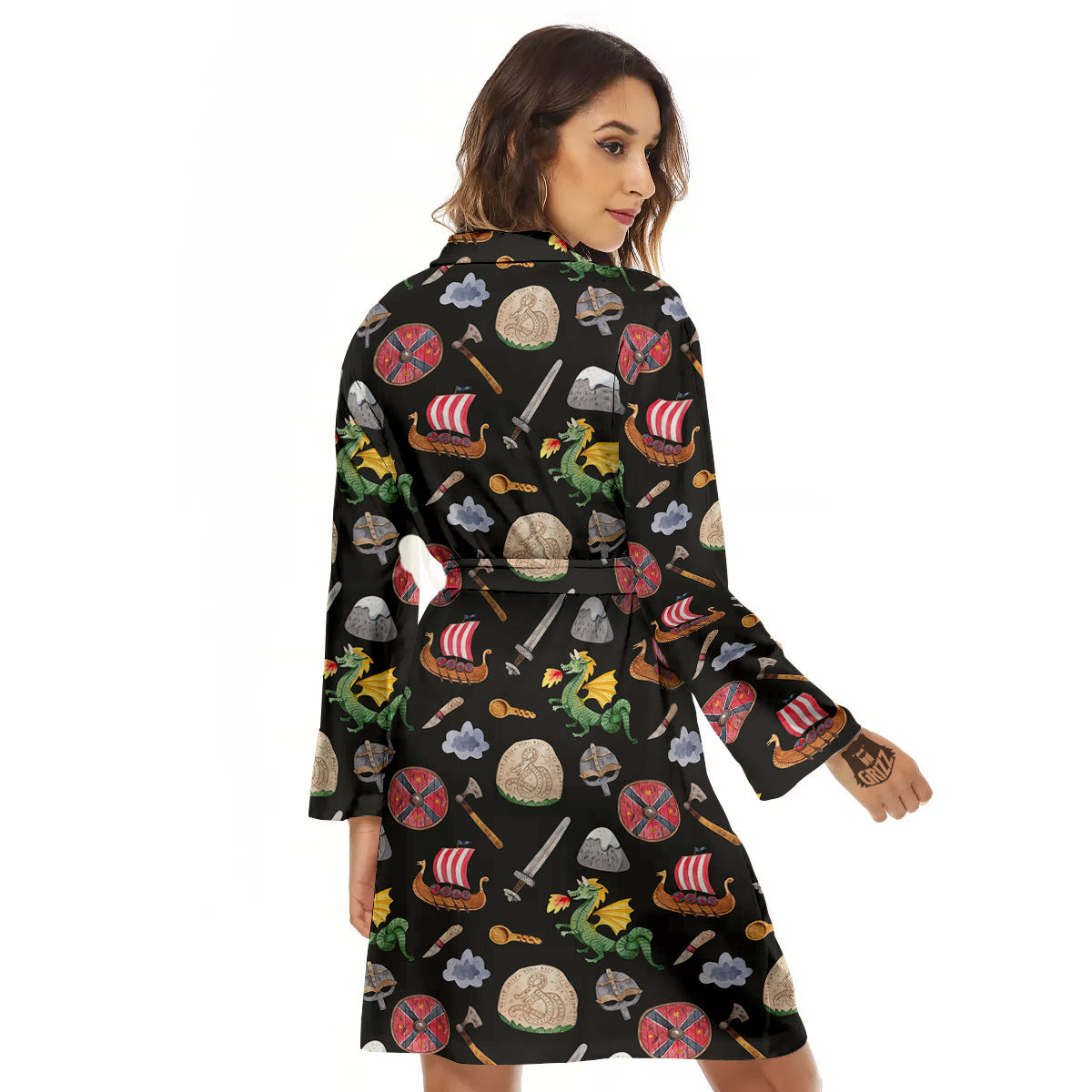 Vikings Watercolor Cartoon Style Print Pattern Women's Robe-grizzshop