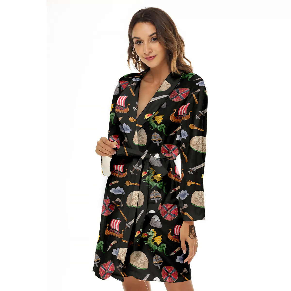 Vikings Watercolor Cartoon Style Print Pattern Women's Robe-grizzshop