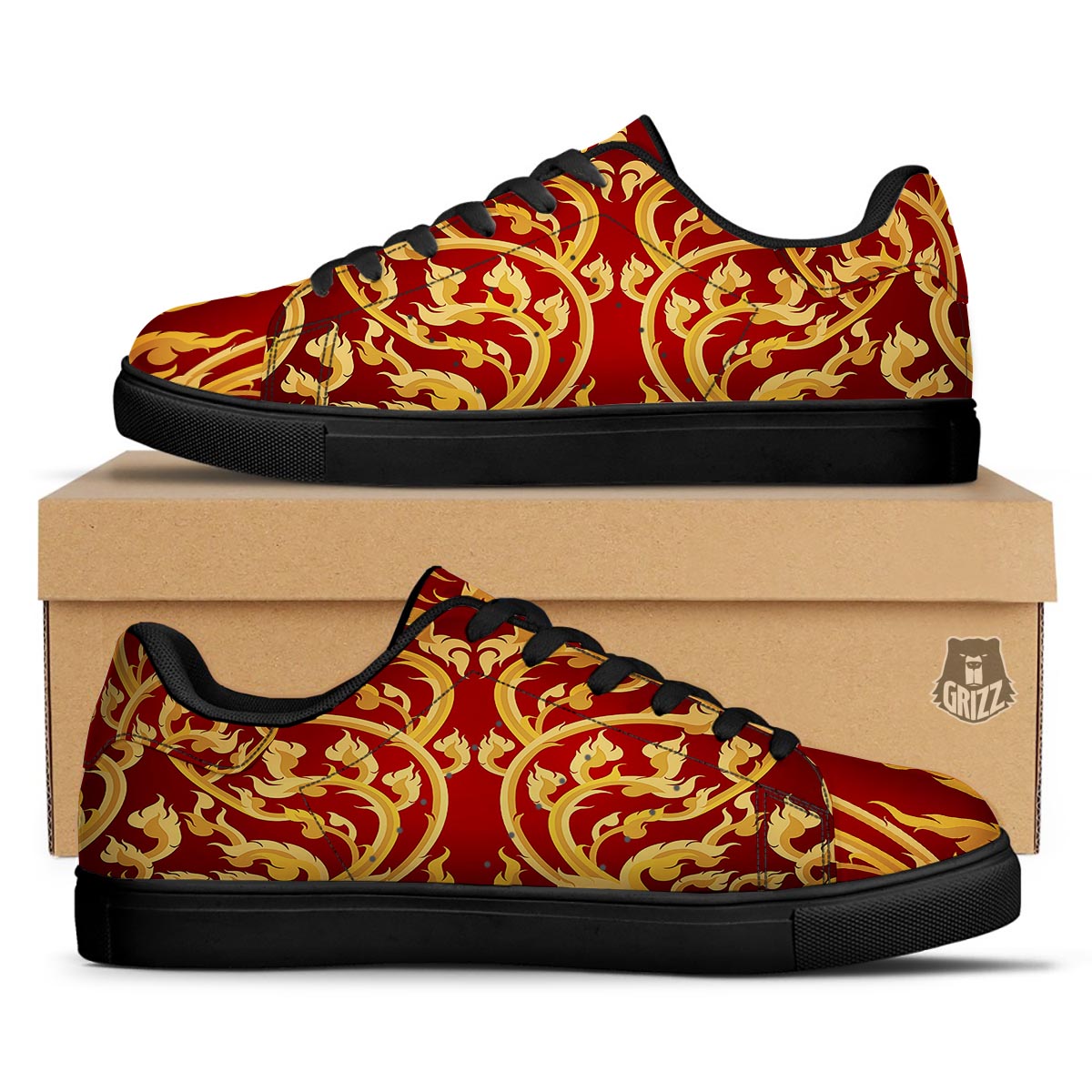 Vines Thai Winding Print Black Low Top Sneakers-grizzshop