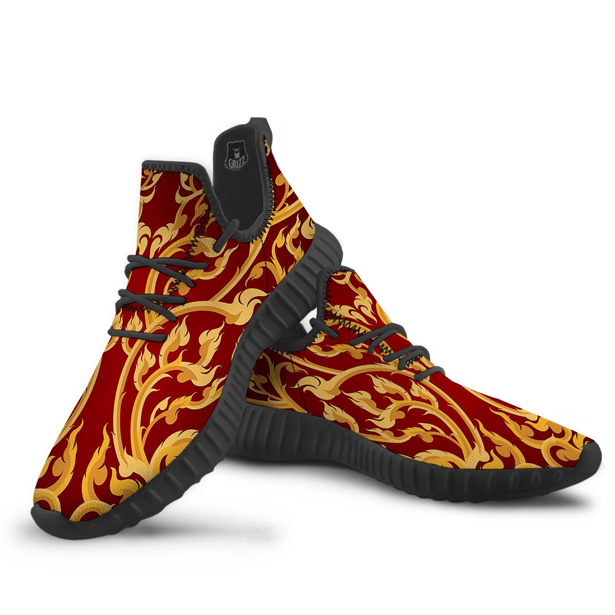 Vines Thai Winding Print Black Walking Shoes-grizzshop