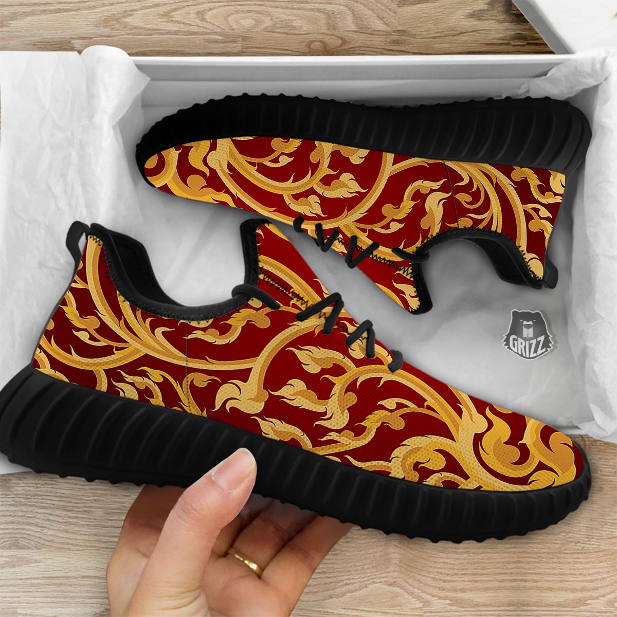Vines Thai Winding Print Black Walking Shoes-grizzshop